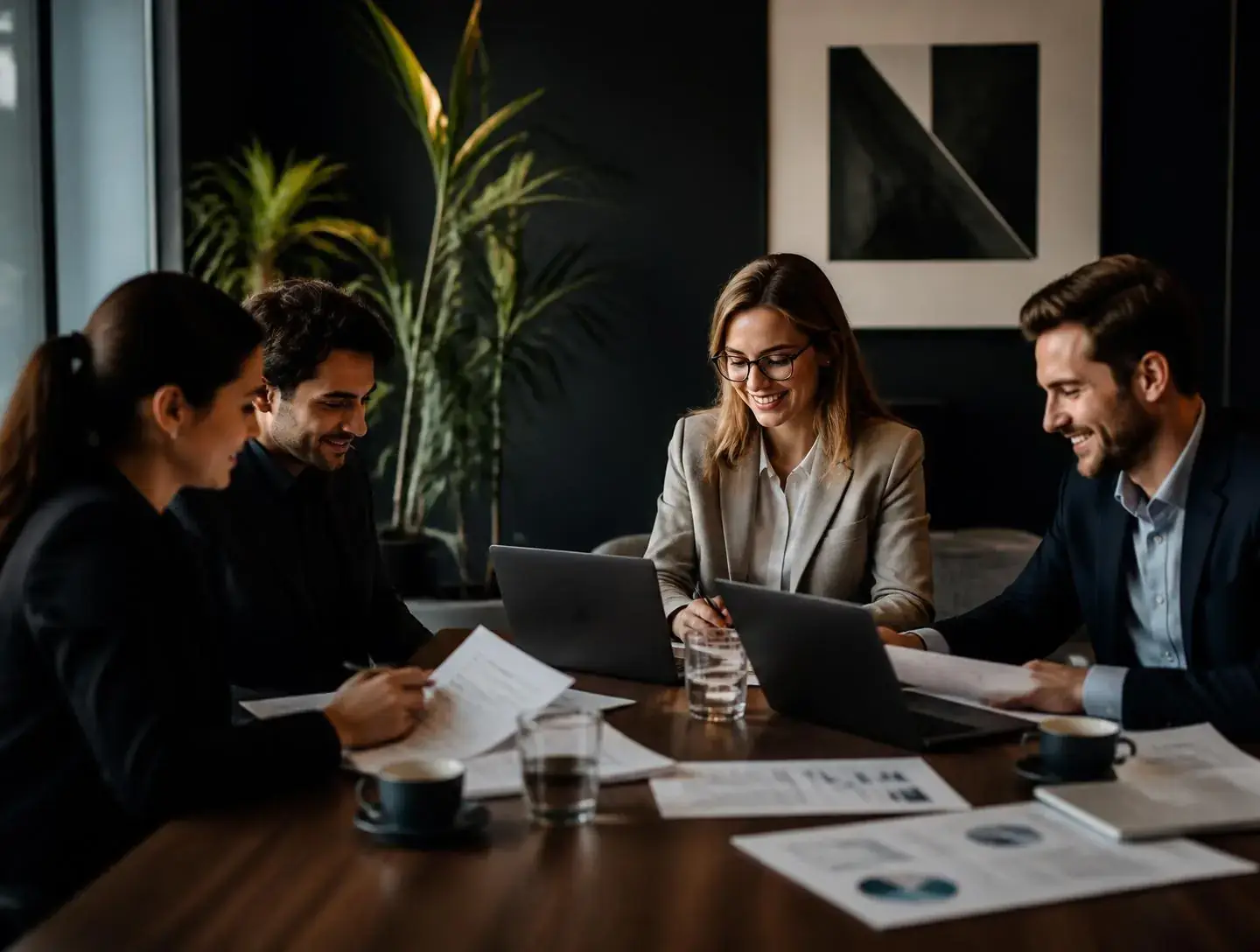 Finance team reviewing reports around a dark table